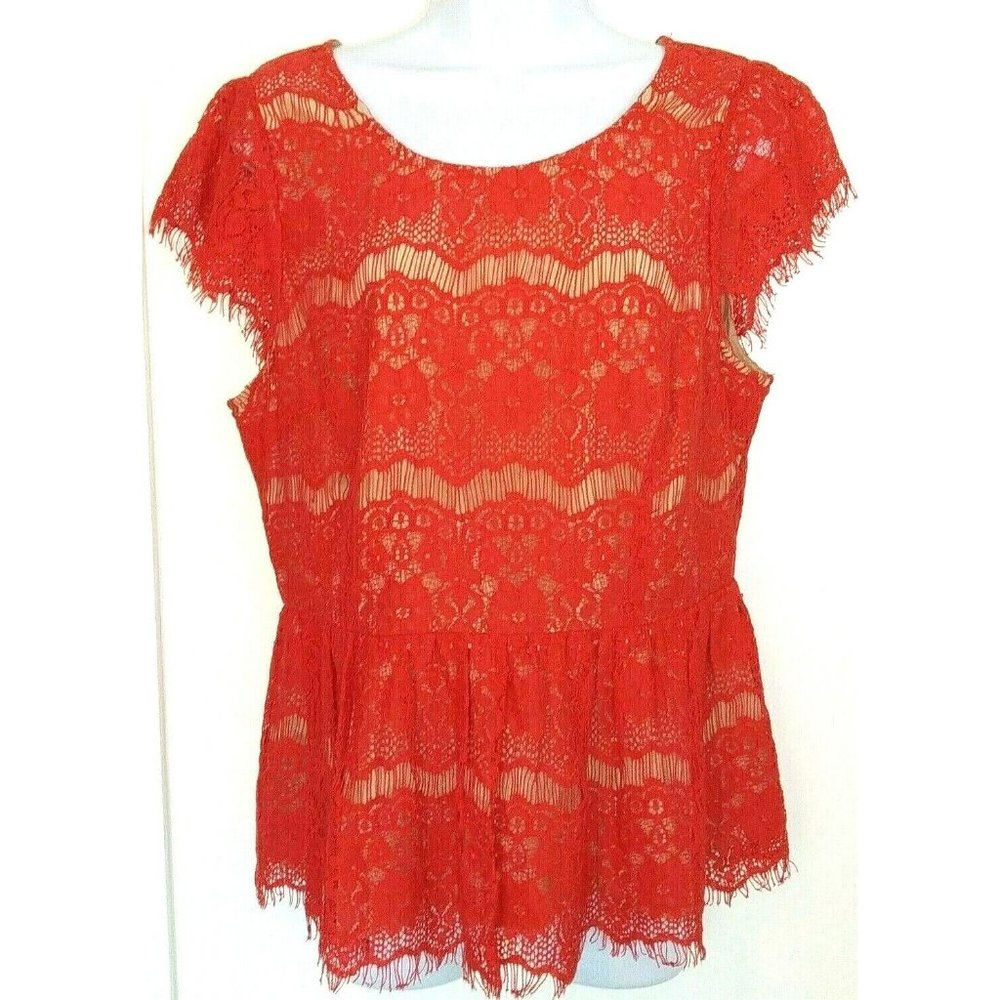 ANTHROPOLOGIE MAEVE Large Red Cotton Blend Lace Nude Lined Katrine Peplum Top